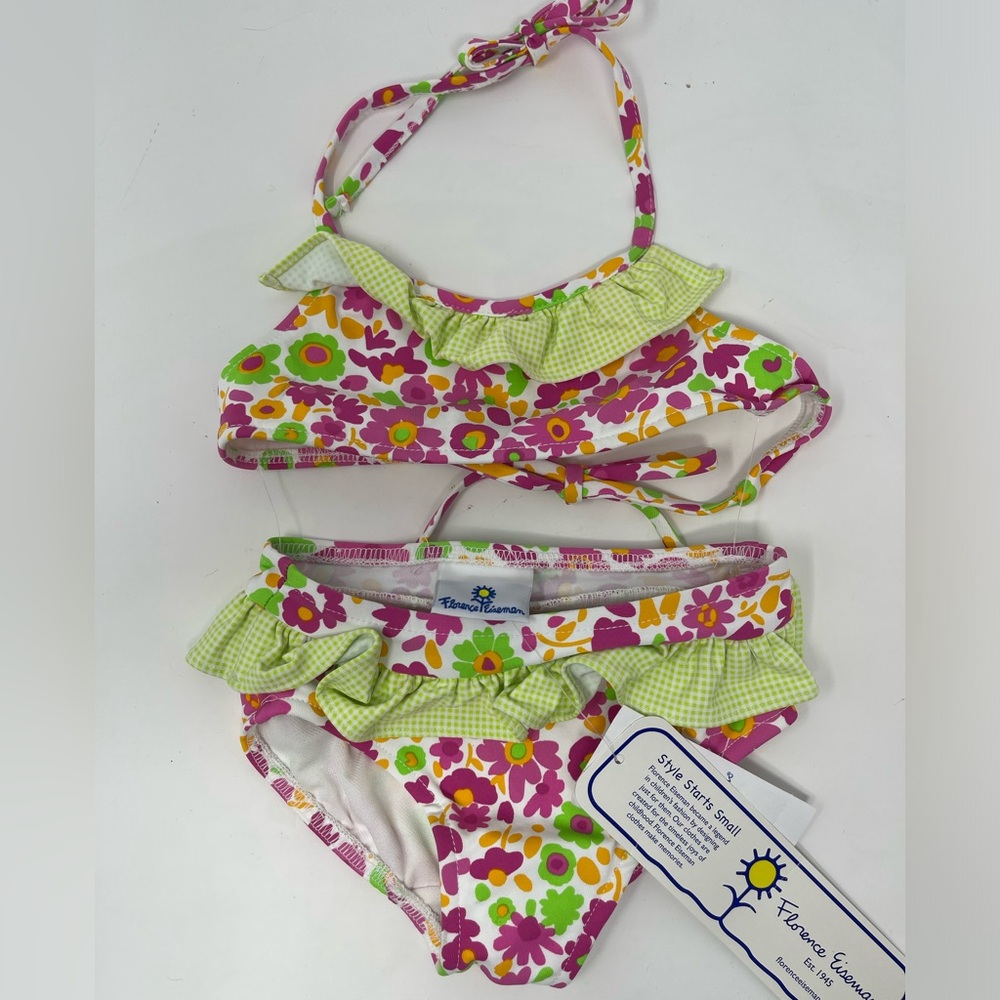 FLORENCE EISEMAN: Floral Bikini with Checkered Ruffle, Size: 24 Months. NEW